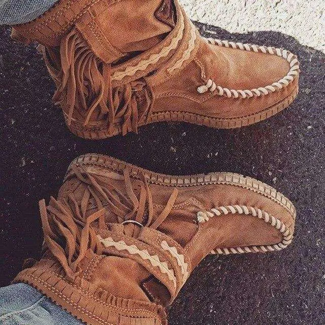 Buckle Strap Boots Tassel Style