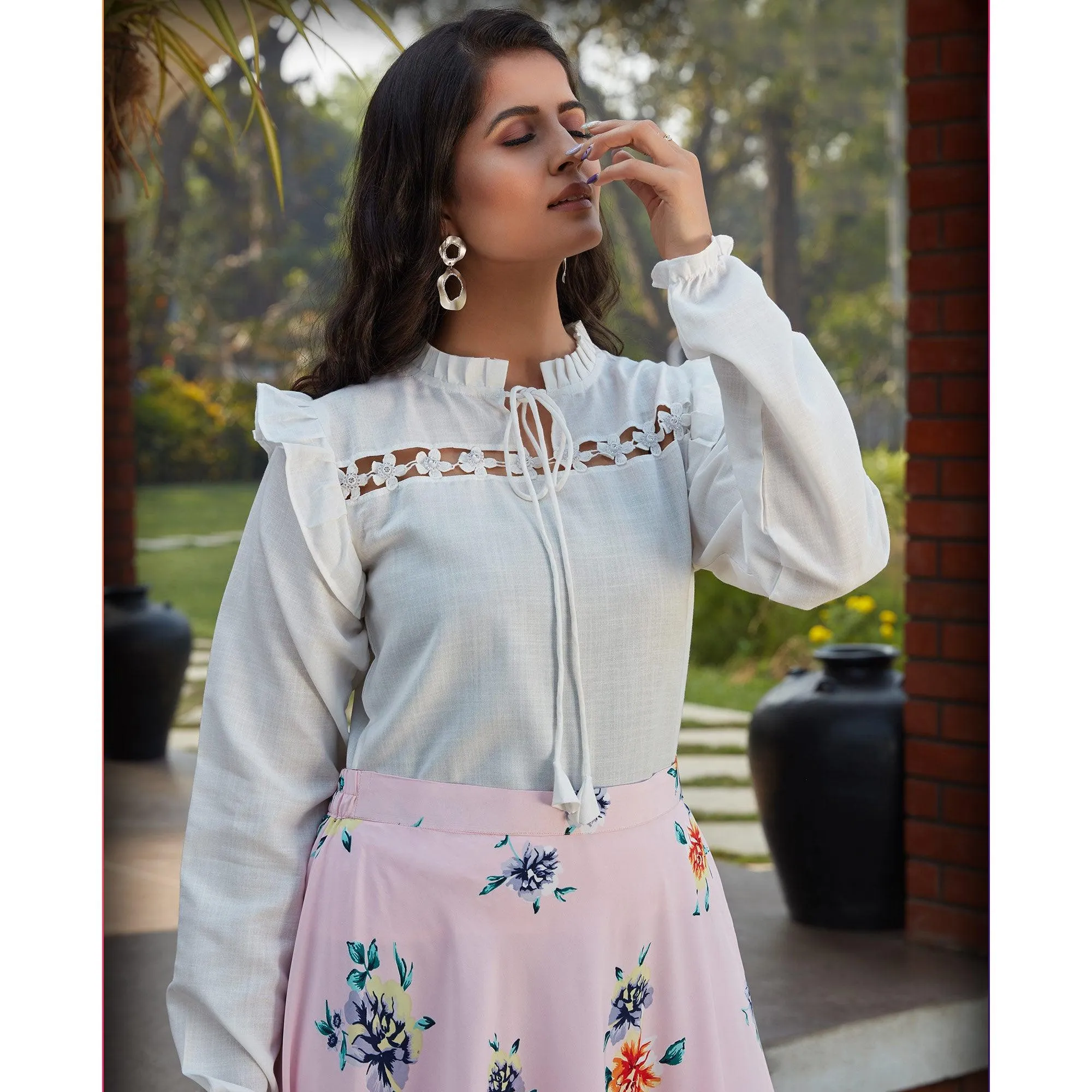Dazzling White - Pink Colored Casual Wear Printed Western Crop Top - Skirt Set