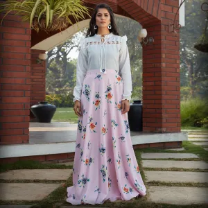 Dazzling White - Pink Colored Casual Wear Printed Western Crop Top - Skirt Set