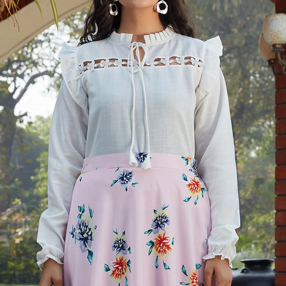 Dazzling White - Pink Colored Casual Wear Printed Western Crop Top - Skirt Set