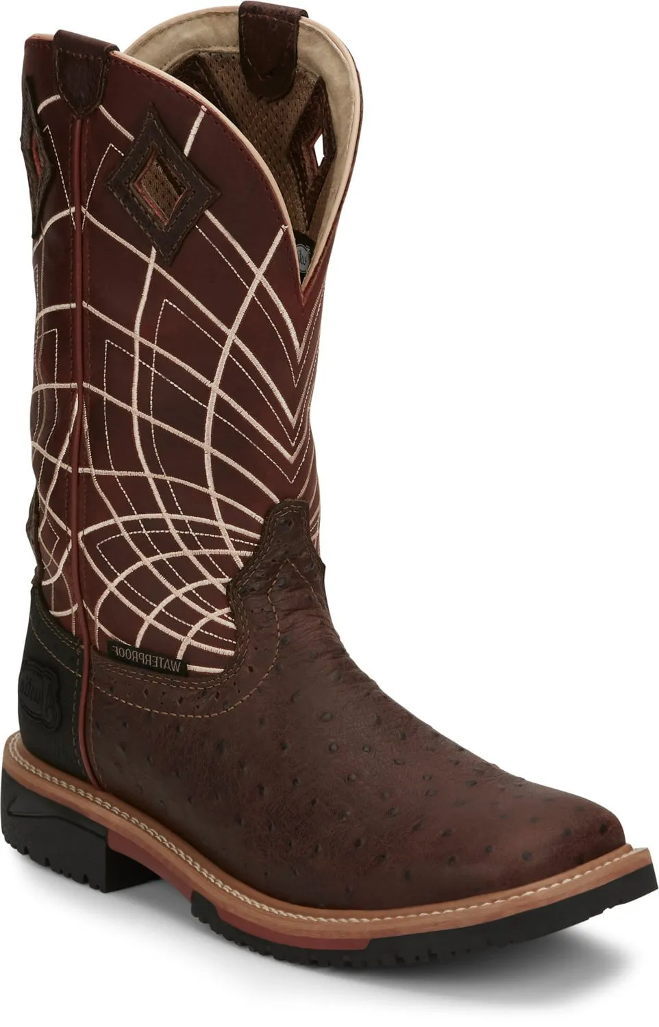 Justin Ostrich Print Mens Rust Derrickman Leather Work Boots