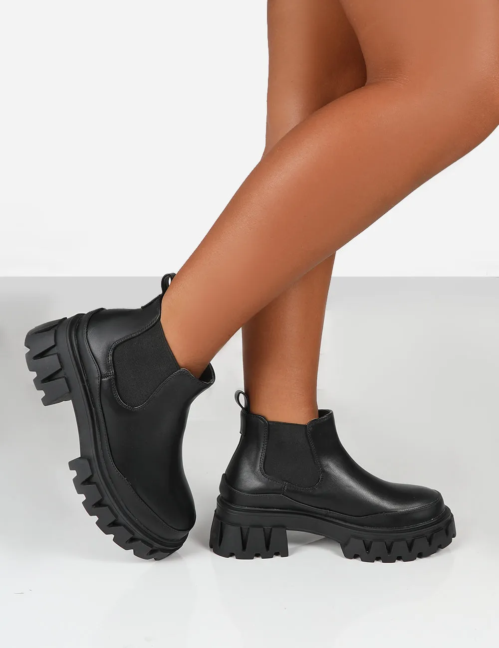 Kaya Black Pu Chunky Sole Chelsea Boots