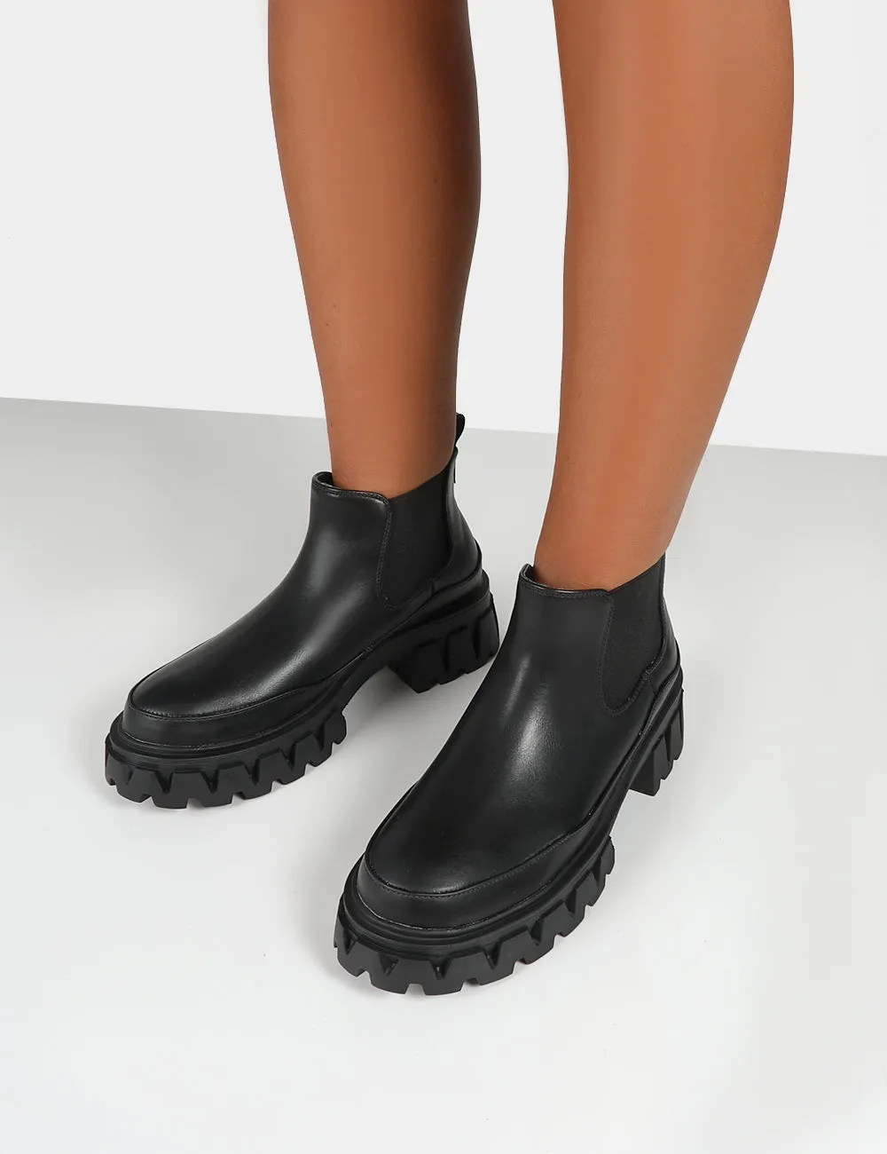 Kaya Black Pu Chunky Sole Chelsea Boots
