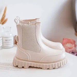 Kids Beige Leather Zip Boots