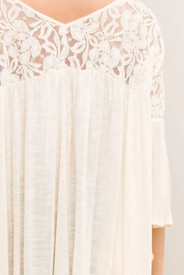 Melange V Neck Lace Top - Natural