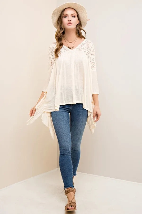Melange V Neck Lace Top - Natural