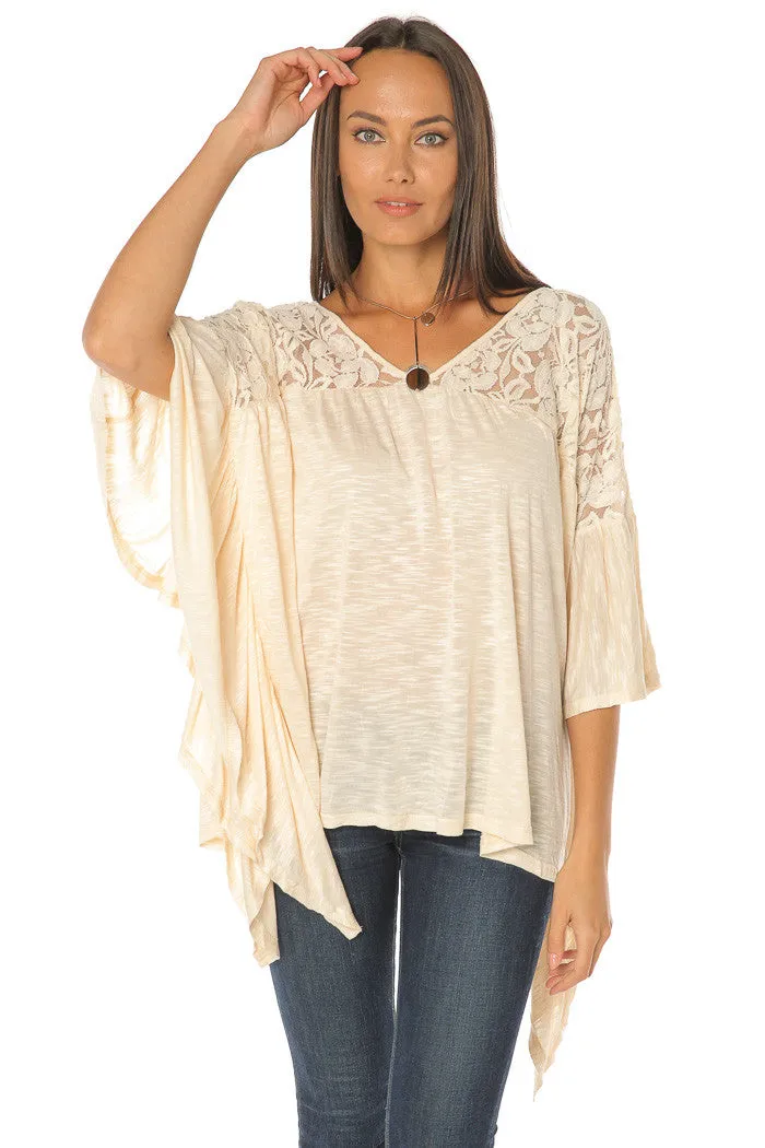 Melange V Neck Lace Top - Natural