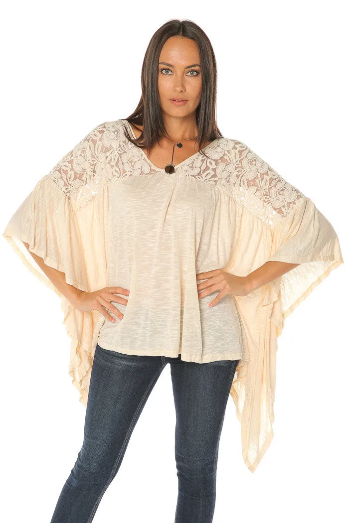 Melange V Neck Lace Top - Natural