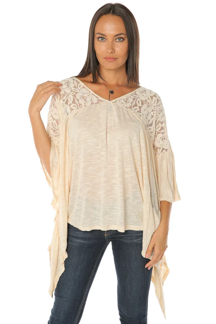 Melange V Neck Lace Top - Natural