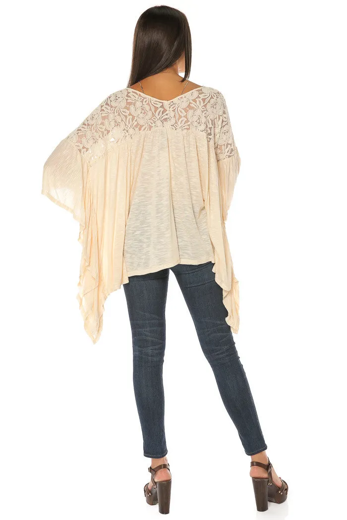 Melange V Neck Lace Top - Natural