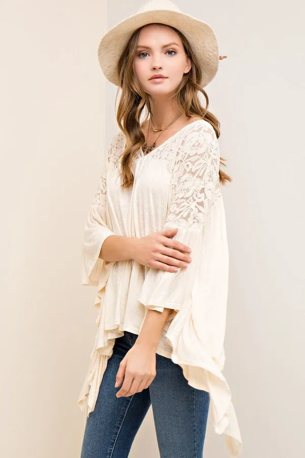 Melange V Neck Lace Top - Natural