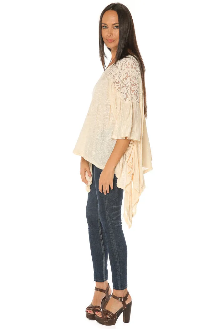 Melange V Neck Lace Top - Natural