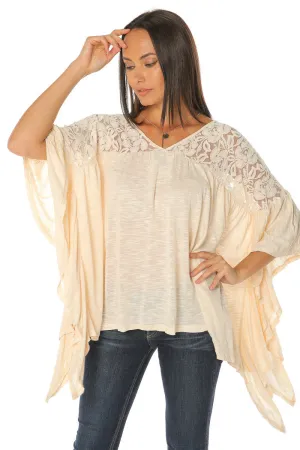 Melange V Neck Lace Top - Natural