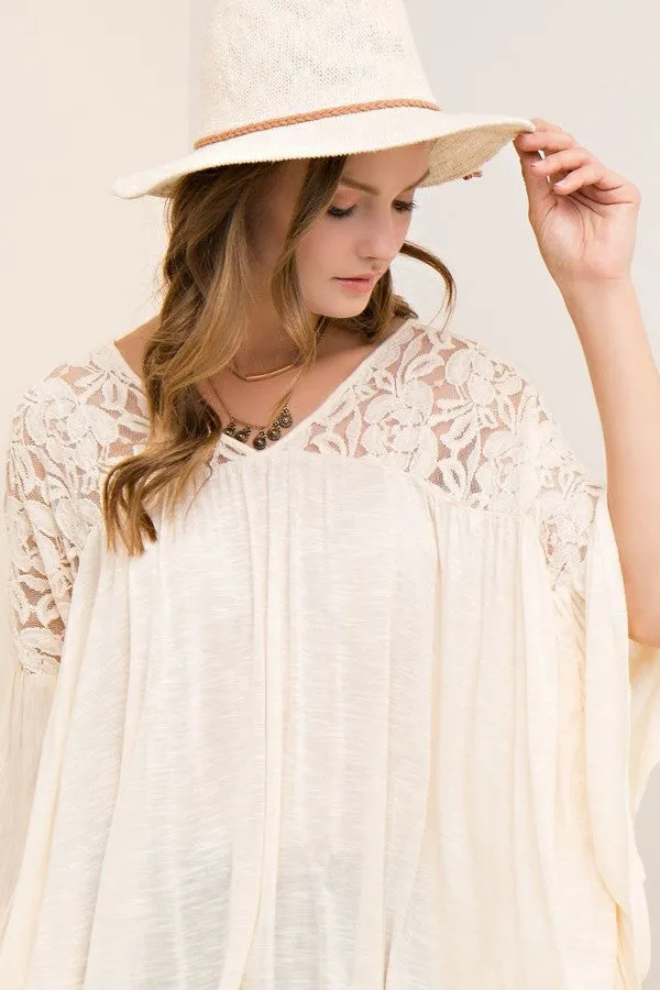 Melange V Neck Lace Top - Natural