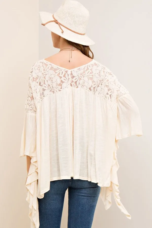 Melange V Neck Lace Top - Natural
