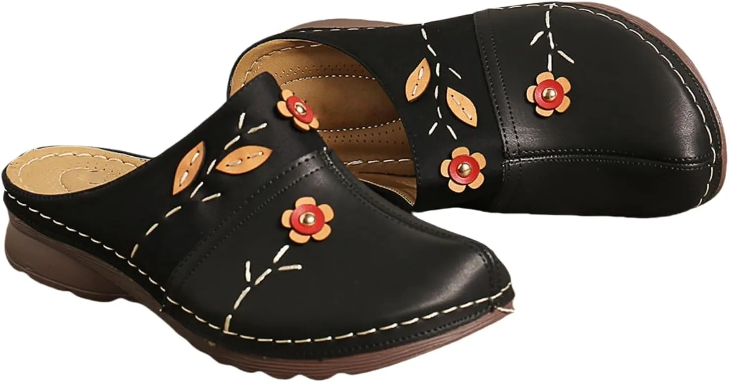 Summer Mules for Women Comfortable Slip-On Closed Toe Clog Breathable Walking Orthopedic Slippers Fashion Arch Support Orthotic Sandals Dressy lightweight Backless Shoes with Flowers