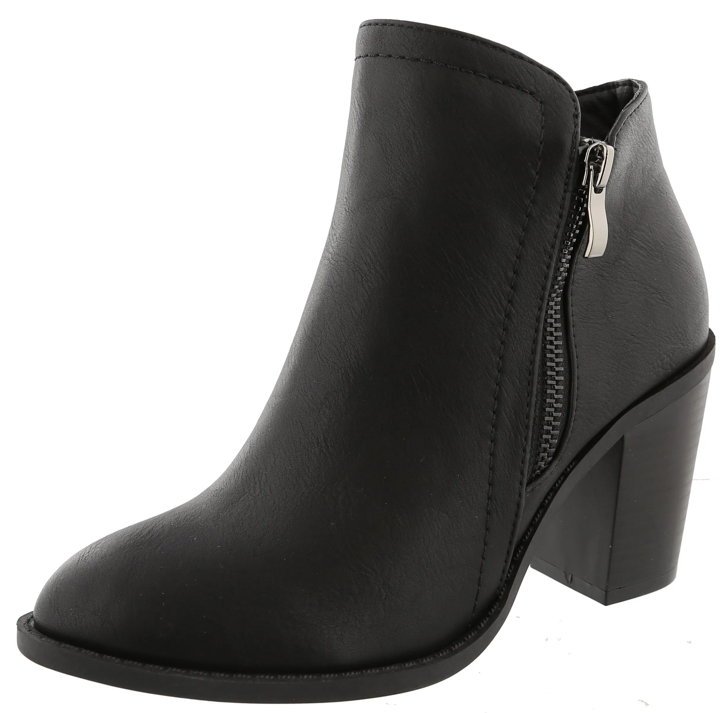 Top Moda Women's Closed Round Toe Zipper Chunky Stacked Block Heel Ankle Bootie