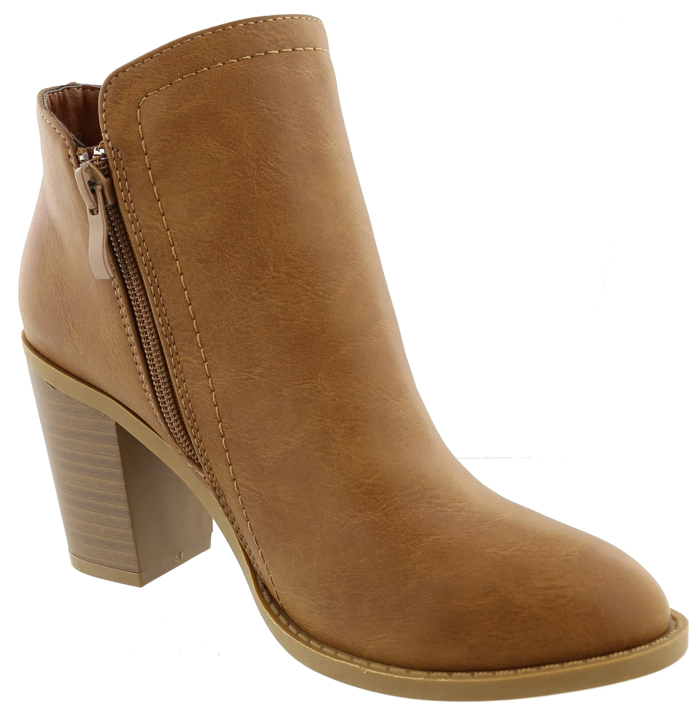 Top Moda Women's Closed Round Toe Zipper Chunky Stacked Block Heel Ankle Bootie