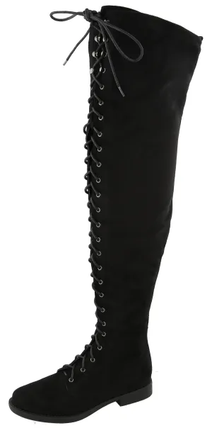 Top Moda Women's Lace Up Front Over The Knee Thigh High Flat Heel Boot