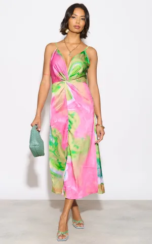 Twist Satin Slip Cami Midi Dress in Ocean Fuchsia print