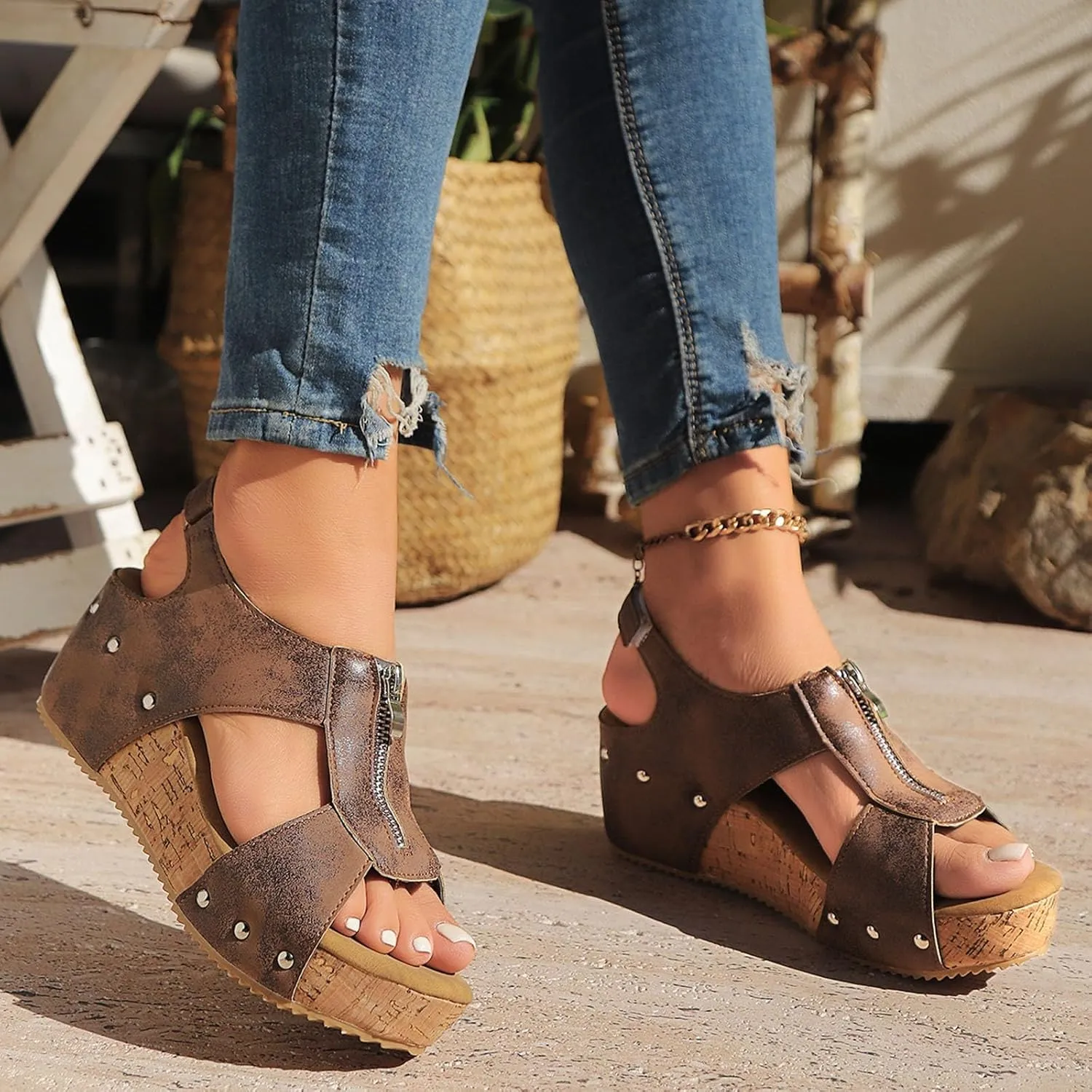 Wedge Sandals for Women Dressy Platform Open Toe Sandals Comfortable Non-Slip Orthopedic Shoes Summer Casual Arch Support Shoes Slip On Sandal with Zipped