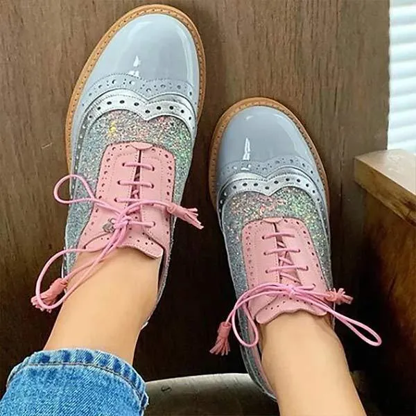Women's Low Heel Square Heel Color-Blocked Lace-Up Single Shoes 64381066C
