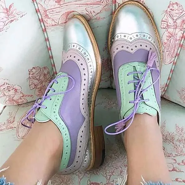 Women's Low Heel Square Heel Color-Blocked Lace-Up Single Shoes 64381066C