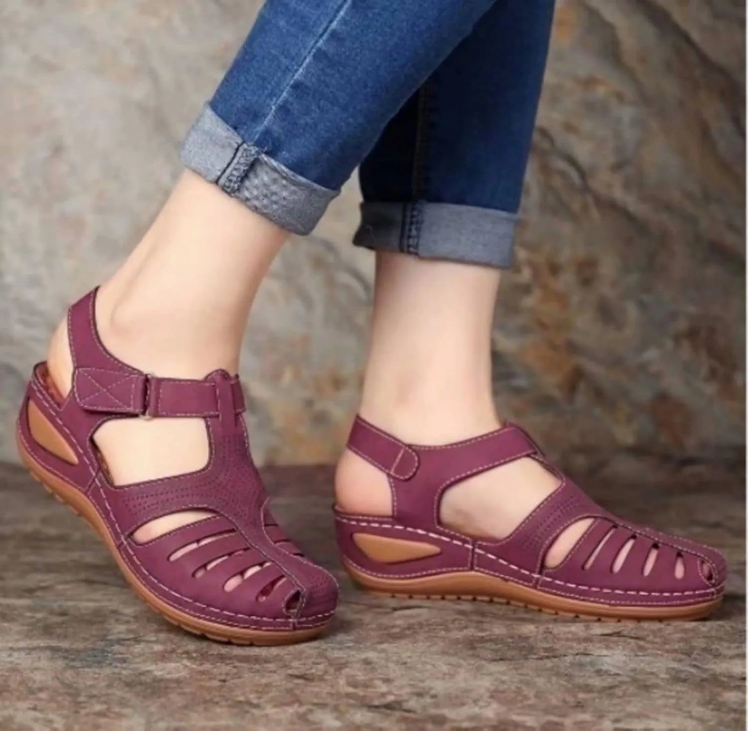 ZWRXW Closed Toe Sandals Women with Arch Support Adjustable Ankle Strap Non-Slip Sandals Dressy Summer Hollow Out Wedge Sandal Travel Vacation Beach Shoes Orthopedic Wedges Shoes